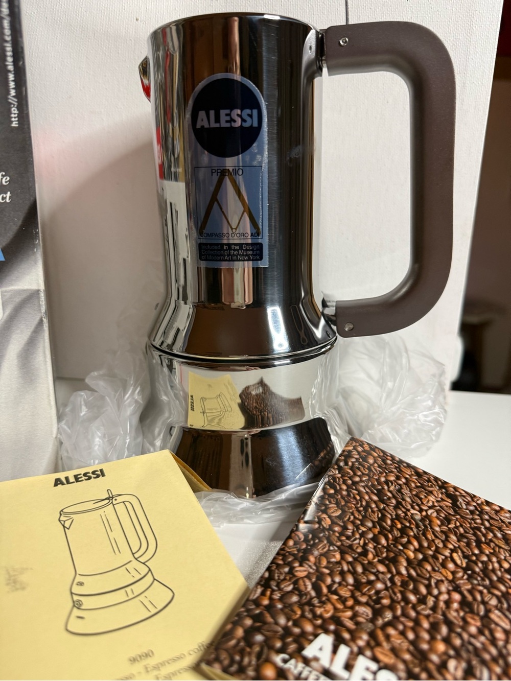 Alessi Stainless Steel Espresso Moka Pot with Brown Handle